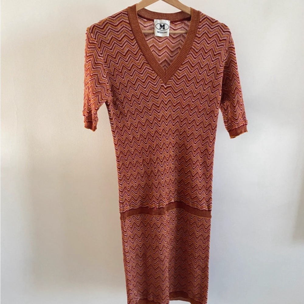 Missoni V-Neck Zigzag Knit Dress in Orange and Brown